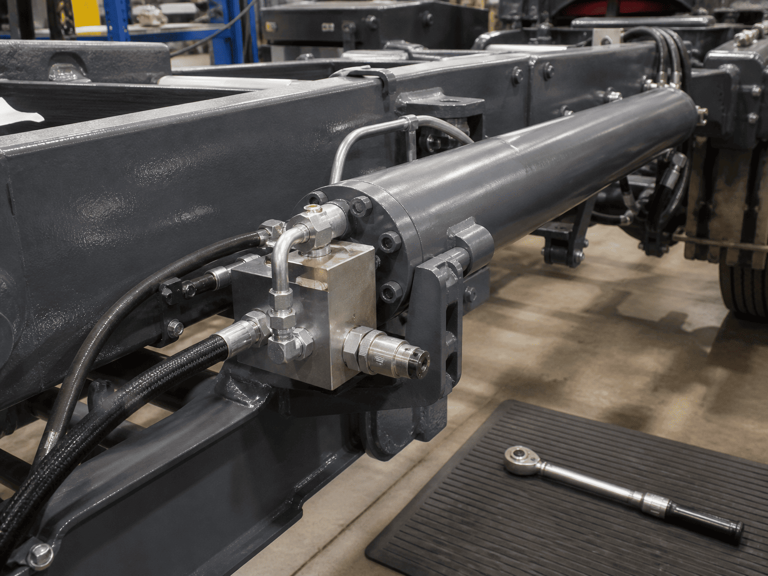 hydraulic cylinder integrated anti cavitation check valve and counterbalance manifold installation